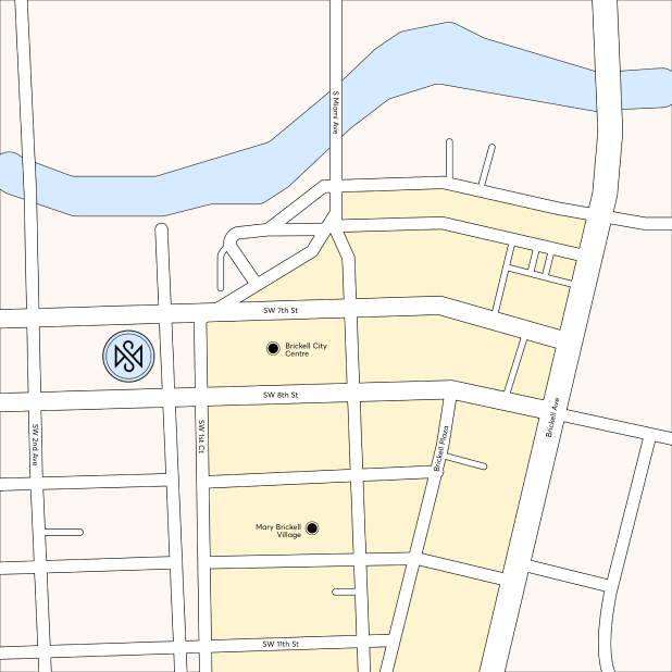 A map featuring the Silver Mirror facial spa in Brickell, downtown Miami, Florida.